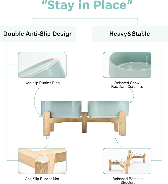 SPUNKYJUNKY Elevated Dog Bowls Ceramic, 5.1'' Dogs and Cat Food Water Bowls Raised with Non-Slip Bamboo Stand for Puppy Small Sized Breed Microwave Dishwasher Safe - 13.5 OZ,Light Green-Mewly Pet