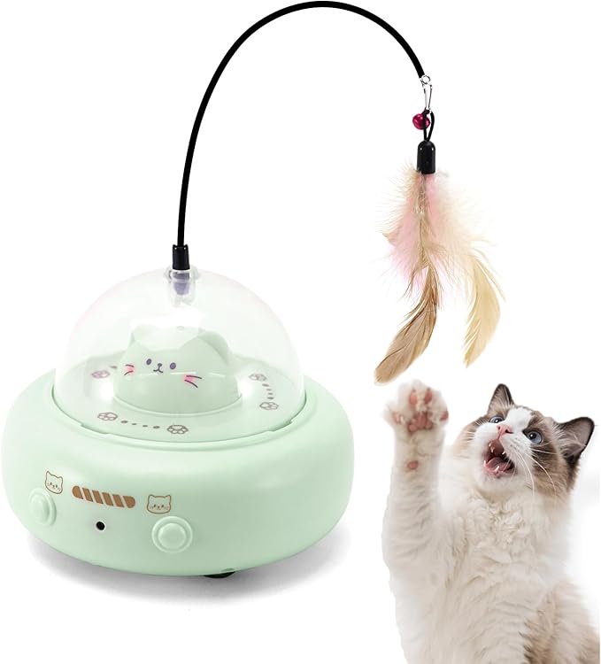 Automatic Cat Toys with Feathers, Interactive Cat Toy for Indoor Exercise, Rechargeable Teasing Toys for Indoor Cats, USB Powered, Smart Standby&Obstacle Avoidance(Green)-Mewly Pet