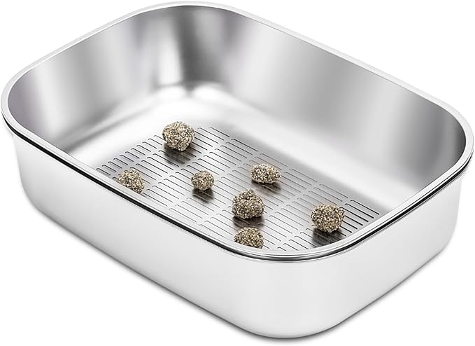 Stainless Steel Sifting Litter Box with Lid, Metal Litter Pan with Scoop for Big Cats Multi Cat, Extra Large Cats Litterbox Odor Control, Easy Clean (23*16.5*16.5inch-with Enclosure, X-Large)-Mewly Pet