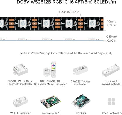 BTF-LIGHTING WS2812B IC RGB 5050SMD Pure Gold Individual Addressable LED Strip 16.4FT 300LED 60Pixel/m Flexible Full Color IP67 DC5V for DIY Chasing Color Project(No Adapter or Controller)
