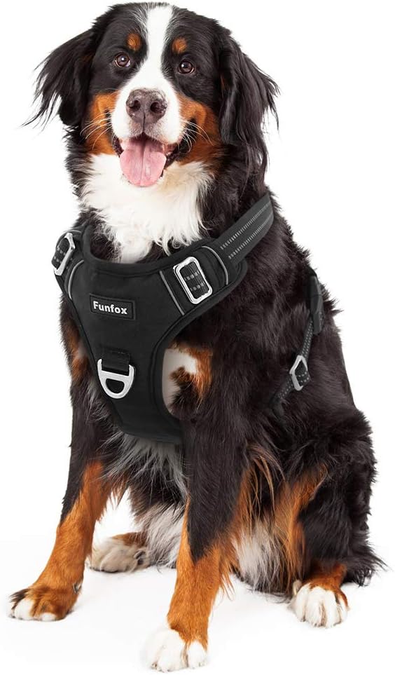 Funfox Dog Harness No Pull, Adjustable Dog Vest Harness Super Soft, 2 Leash Clips Anti Pull, Vertical Handle Easy to Control, Reflective Night Walking for XLarge Breed, Black, XL-Mewly Pet