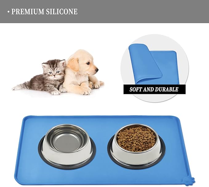 Waterproof Pet Feeding Mat with High Raised Edges, Heavier and Thicker Placemats for Cat Dog Water Bowl with BPA Free, Dogs Cats Food Mats for Messy Drinkers to Prevent Spill and Protect Floors-Mewly Pet