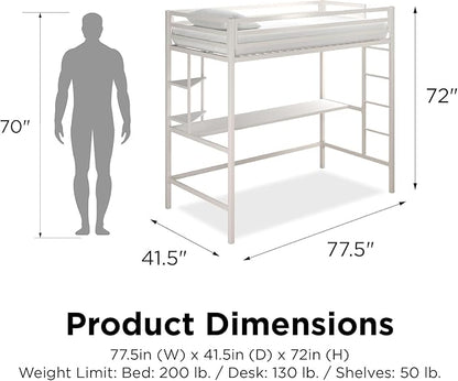 Novogratz Maxwell Metal Twin Loft Bed with Desk & Shelves, Off White/Off White