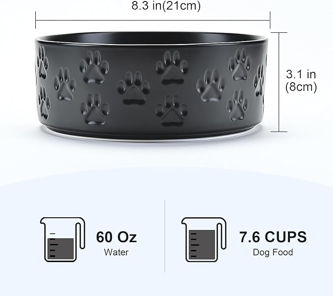 SPUNKYJUNKY Ceramic Dog Bowls 2 Pack, 8.3'' Dog Food Water Double Feeding Bowls Non-Slip for Medium to Large Sized Breed Microwave Dishwasher Safe - 60 OZ, 2pcs, Paw Black-Mewly Pet