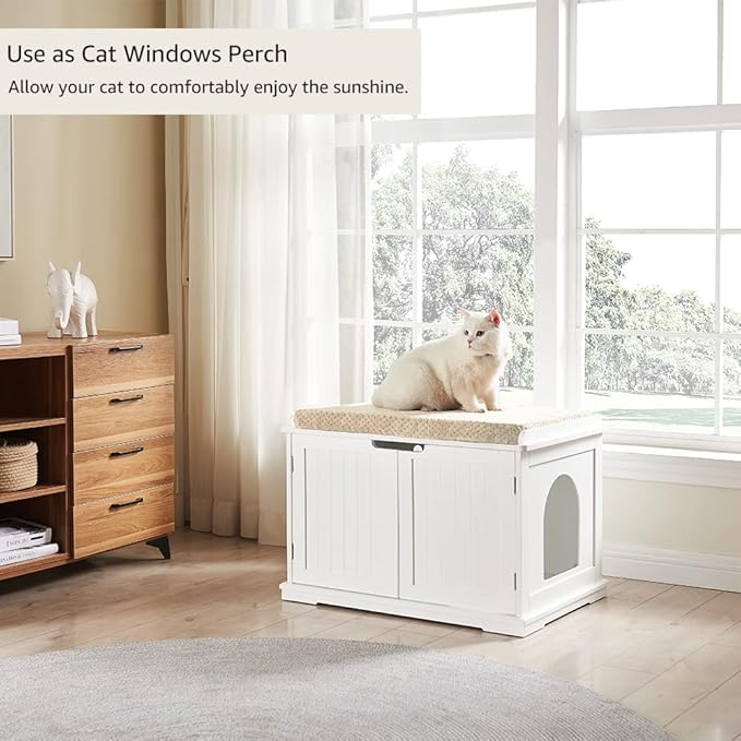 unipaws Cat Litter Box Enclosure Furniture, Cat Washroom, Hidden Litter Box Cover, Cabinet for Large Cat, Dog Proof Cat Litter Boxes, Hideaway Litter Box, Cat House, White-Mewly Pet