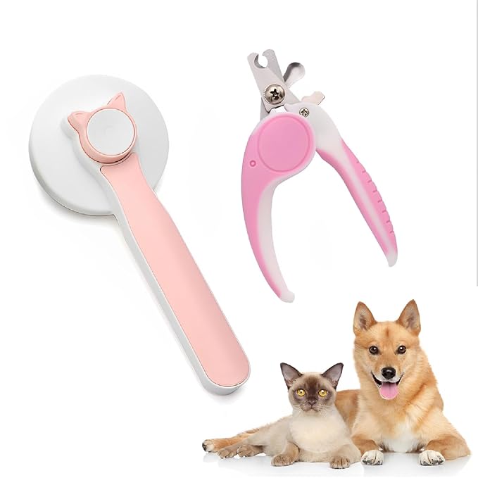 2PCS Pet Grooming Kit, Cat Brushes & Cat Nail Clipper, Cat Grooming Brush for Sedding and Grooming Fur (Pink）-Mewly Pet