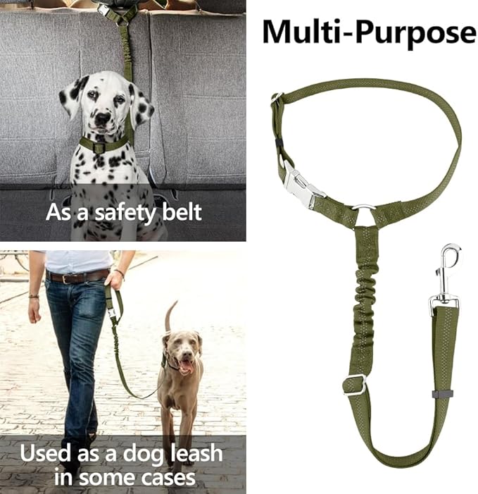 Plutus Pet Dog Seat Belt for Car Headrest, Reflective and Adjustable Restraint with Elastic Bungee for Safety, Vehicle Seatbelt Harness for Small Medium Large Dogs and Cats, Ranger Green-Mewly Pet