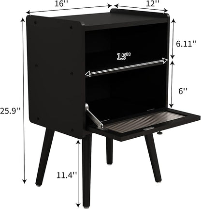 Mid Century Modern Nightstand, Side Table with Storage, Bedside Tables with Glass Door, End Table with Solid Wood Legs for Bedroom, Living Room and Small Spaces, Black