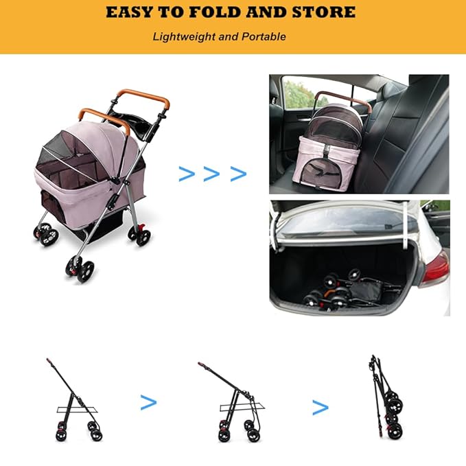 Pet Stroller with Storage Basket and Cup Holder, Folding Dog Jogger, Foldable Cat Stroller, 3 in 1 Puppy Kitten Cart, Pet Jogger for Medium Dog Cat (Pink)-Mewly Pet