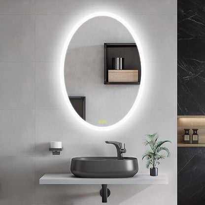 Wall-Mounted LED Oval Bathroom Mirror, Makeup Mirror (28 inches x 20 inches,) 3 Color Stepless Dimmable Memory Bathroom Vanity Mirror with Lights CRI90+ 3000-6400K Smart Mirror with Touch