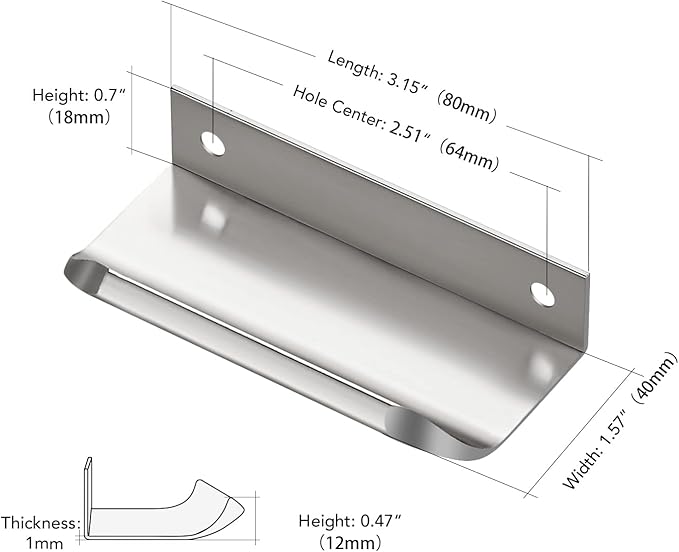 Ravinte Hardware 12 Pack Silver Cabinet Handles, 3.15 Inch (80mm) Finger Edge Pulls, 2-1/2 Inch Hole Center, Finger Pulls for Cabinets