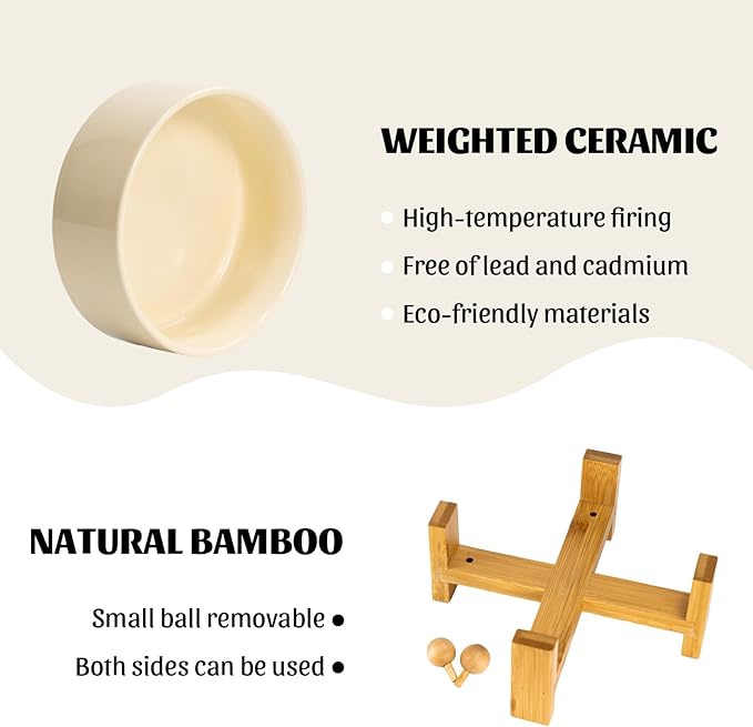 SPUNKYJUNKY 15° Slanted Ceramic Dog and Cat Bowl with Wooden Stand, Tilted Bulldog Food and Water Bowl No Slip Non-Spill for Cats Medium Dogs Big Face Pets 28.7 OZ (3.6 Cups, Beige)-Mewly Pet
