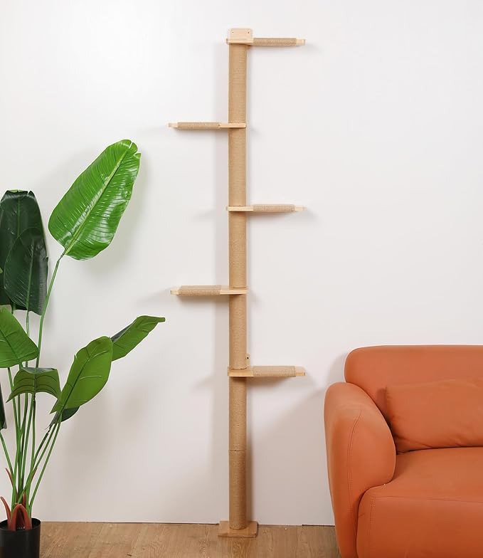 5 Tier Floor to Ceiling Cat Tree Tower with Wall-Mounted Scratching Post, Playful Wall Climbing Shelves for Cats, Ideal for Kittens to Climb, Scratch, and Lookout, Wild Simulation Design-Mewly Pet