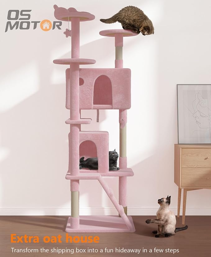 77'' Cat Tree Tower for Indoor Cats Large Adult, Cute/Tall Modern Cat Tree for Big Cats 20 lbs, Plush Multi-Level Cat Condo with Scratching Posts,Dangling Ball (Soft Pink, 77 inch)-Mewly Pet