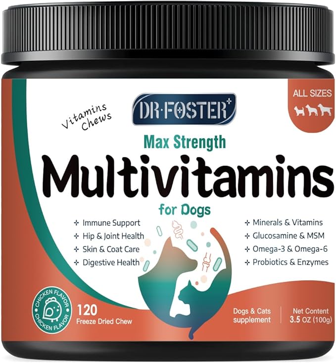 Dog Multivitamin with Glucosamine, Omega 3, Minerals, Probiotics and Enzymes, Dog Vitamins and Supplements for Joint, Skin & Coat Care, Digestive and Immune Health, Chicken Flavor - 120 Chews-Mewly Pet