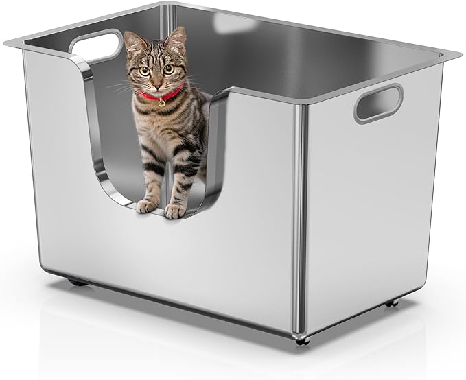 Stainless Steel Cat Litter Box 11.8” High Sides, Large Metal Litter Box with Low Entry for Big Cats, Leak-Proof Pet Toilet Kitty Litter Pan with Wheels for Mobility, Easy to Clean & Non-Stick-Mewly Pet