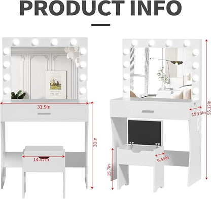 Vanity Table Set with Lighted Mirror - Makeup Vanity with Charging Station, Large Drawer Sturdy Wood Vanity with Lights, 3 Color Modes, Adjustable Brightness, White