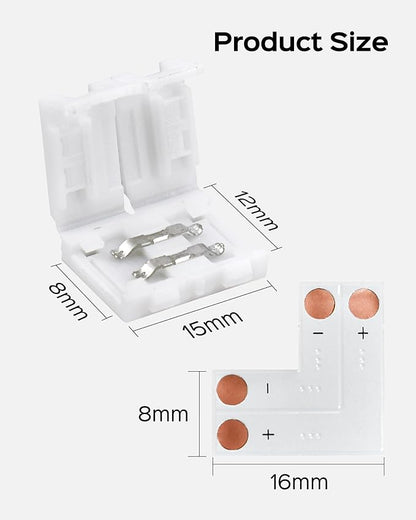 JACKYLED 8mm 2 Pin LED Strip Connectors Lights Connector, L Shape Gapless Solderless Connectors LED Adapter Light Extension Connectors for 8mm Wide Single Color Flex LED Strips - 8mm 2pin Total 22Pcs