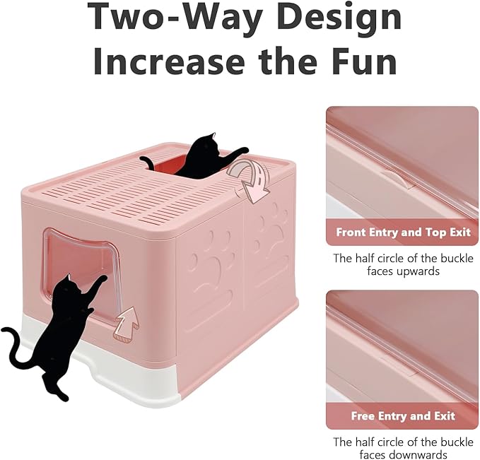 XL Foldable Cat Litter Box with Lid - Jumbo Enclosed Potty - Top Entry Anti-Splashing Toilet - Includes Scoop & 2-in-1 Cleaning Brush (Pink)-Mewly Pet