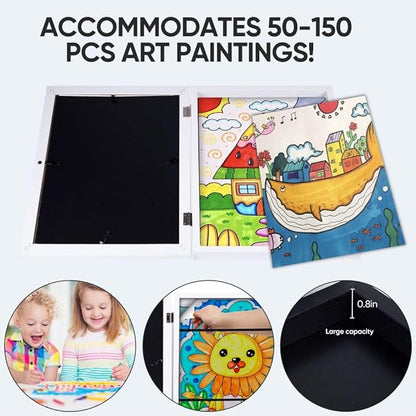 Kids Art Frames - Changeable Front Opening Holds 150, 10x12.5 Picture Frame for Displaying Kids' Artwork, Drawing, With Storage (White)