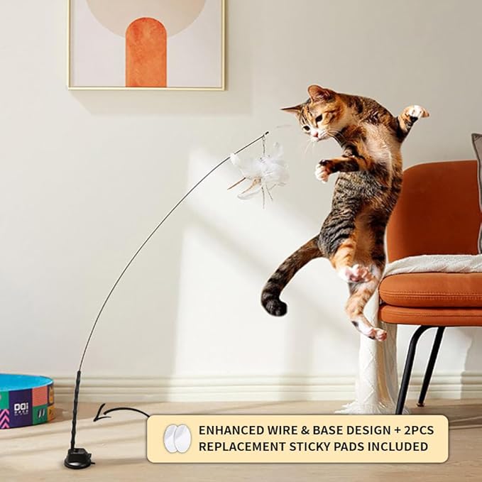 Leo's Paw The Original Interactive Bird Simulation Cat Toy Set Realistic Colorful Feathers Bells Wand Self-Holding Suction Base Stimulating Real-Life Flying Bird Impression Hunting Play (w. 5 Birds)-Mewly Pet