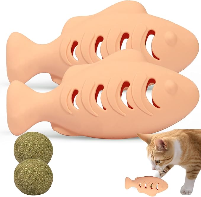 Cat Toys for Indoor Cats, Fish Shape Chew Catnip Toys for Teeth Clean, Food Grade Silicone Cat Enrichment Toy, Interactive Kitten Teething Toys with 1 Cat Nip Ball, Orange, 2 Pcs-Mewly Pet