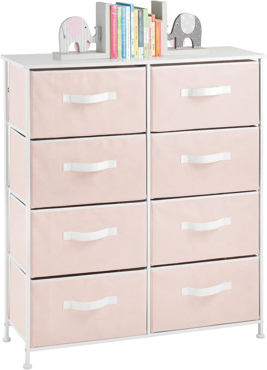 mDesign 38.31" High Steel Frame/Wood Top Storage Dresser Furniture, 8 Fabric Drawers, Large Bureau Organizer for Baby, Kid, Teen Bedroom, Nursery, Playroom, Dorm, Jane Collection, Pink/White