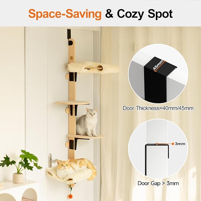 MEWOOFUN Cat Climbing Shelves Tree, 4-Levels Over Door Cat Climber for Jumping, Stable Cat Stairs Hammock for Kittens & Adult Cats (Wooden-65 H x 26.8” L x 13.8” W)-Mewly Pet