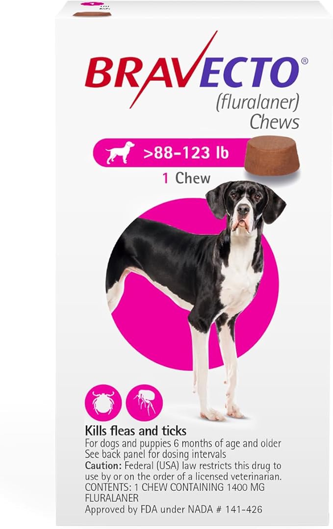BRAVECTO Chew for Dogs, Flea & Tick, 1 Chew, 12 Week Supply, 88-123 lbs., Pink Box-Mewly Pet
