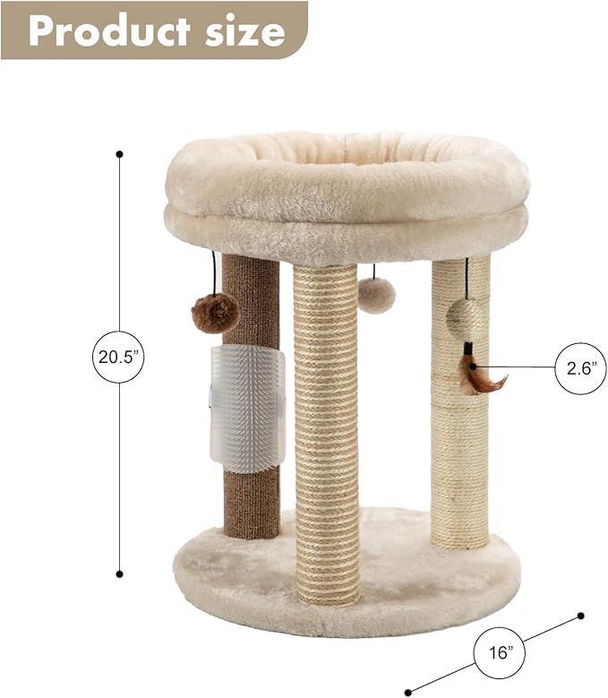 MECOOL 4in1 Small Cat Tree,Scratching Post with Tower Soft Bed, Sisal Carpet Jute Posts with Three Hanging Ball Toys and Massage Brush for Indoor Cats and Kittens-Mewly Pet