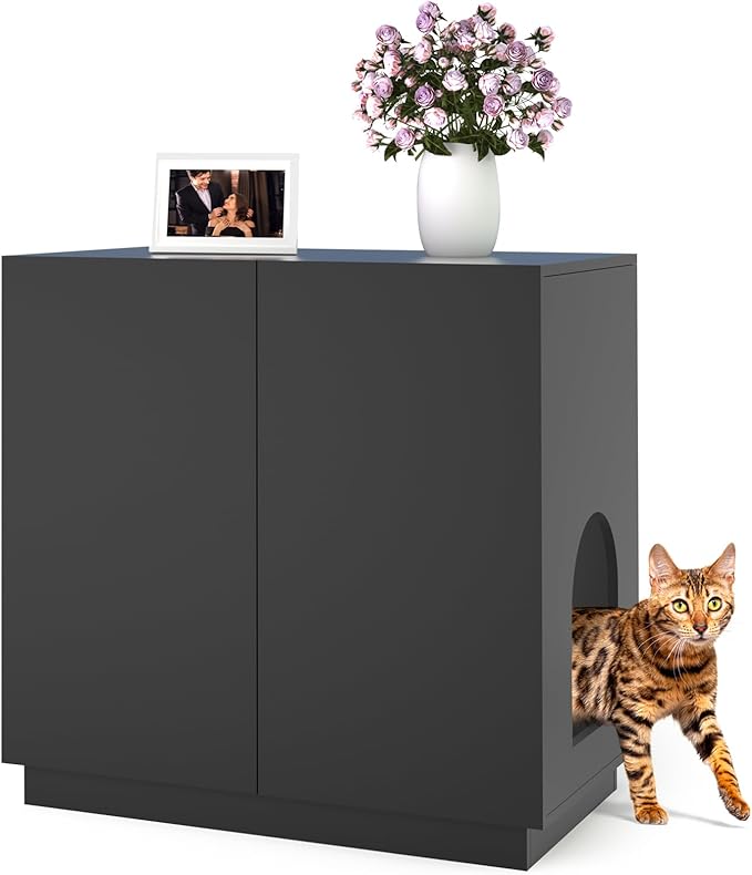 Large/Tall Litter Box Enclosure, Modern Wooden Litter Box Furniture for XL Litterbox with Hidden Storage as Sideboard Cabinet (Black)-Mewly Pet