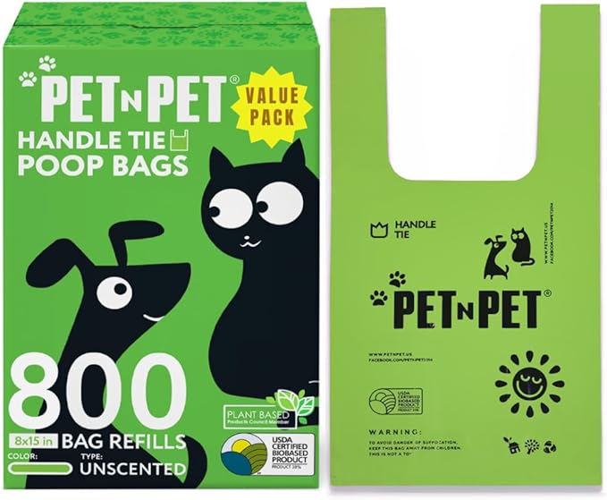 Pet N Pet 800 Counts Unscented Dog Poop Bags Rolls with Tie Handles, 38% Plant Based & 62% PE Poop Bags for Dogs, Extra-Thick Doggie Poo Bag, Pet Waste Bag-Mewly Pet