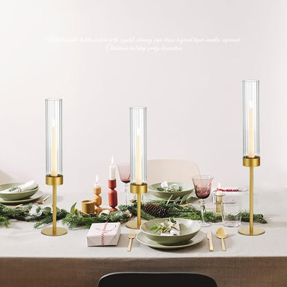Glass Hurricane Candle Holders Set (3pcs)-Gold Metal Base Taper Candle Stick Holders for Candlesticks Holder Decor, Elegant Dining Table Centerpiece for Wedding, Christmas & Home Decor-Ribbed Glass