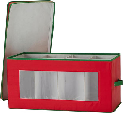 Household Essentials Holiday Figurine Storage Box, Windowed Storage with Lid, 8 Storage Compartments, Double Handles, Red with Green Trim