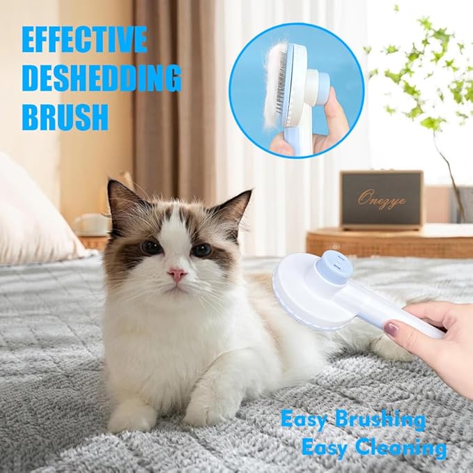 Grooming Brush Kit - 5pcs for Shedding & Matted Fur, Self-Cleaning with Flea Comb for Indoor Long-Haired Cats, Blue-Mewly Pet