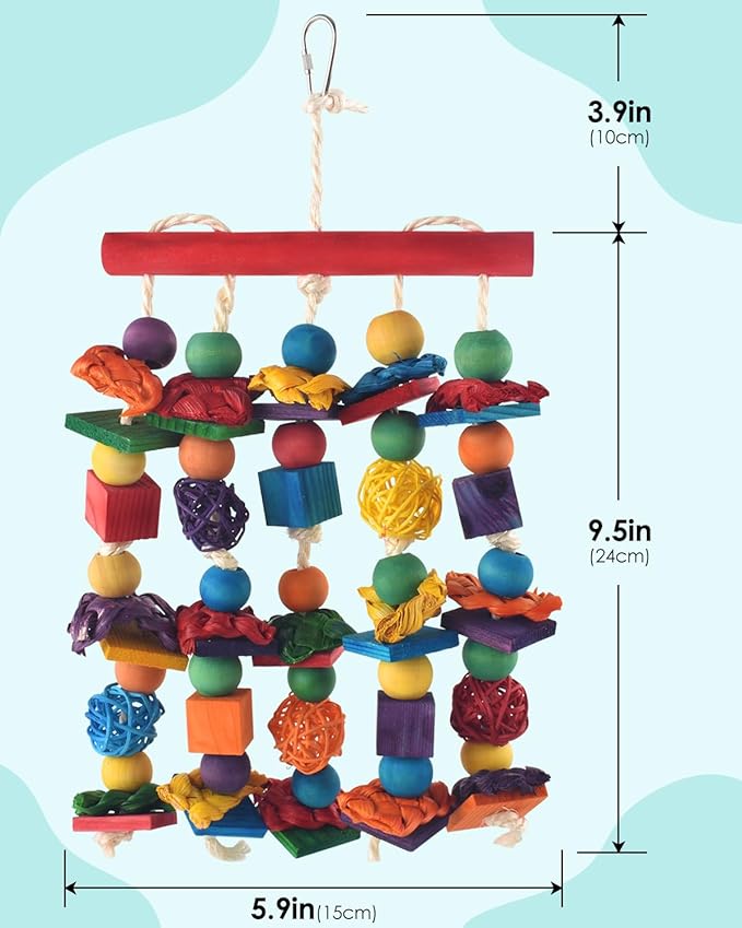 Bird Toys, 2PCS Parrot Foraging Hanging Toy, Multicolored Natural Wooden Blocks Parakeet Chewing Toys mit Rattan Wicker Balls, for Medium Small Cockatoos Budgie Lovebird Cockatiel Conure-Mewly Pet