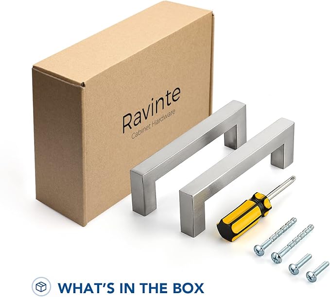 Ravinte 3 Pack Brushed Nickel Kitchen Cabinet Handles 4 Inch Cabinet Pulls Square Kitchen Hardware for Cabinet Drawer Pulls Drawer Handles Come with Screwdriver