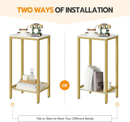 HOOBRO Tall Side Table, Industrial End Telephone Table with Adjustable Mesh Shelves, for Living Room, Bedroom, Entryway, Office, White and Gold DW03DH01