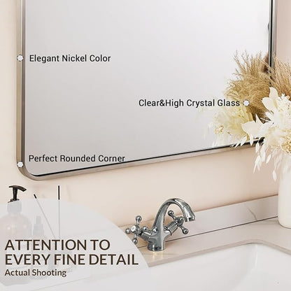 ANDY STAR 40x32 Inch Brushed Nickel Bathroom Mirror, Rounded Rectangle Bathroom Vanity Mirrors for Wall, Anti-Rust SUS304, Seamless Tube Metal Frame, 1’’ Deep Wall Mounted Vertically/Horizontal