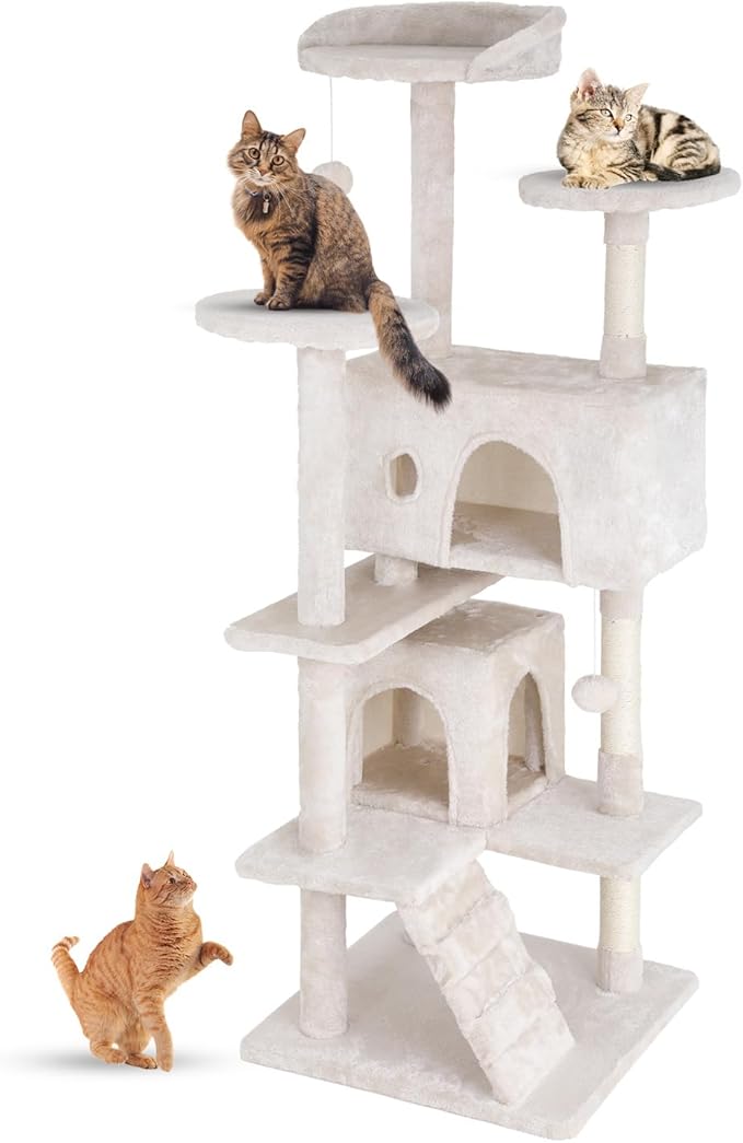 FDW Cat Tree 54in Cat Tower Multi-Level Durable Cat Scratching Post & Cozy Fun Cat Jumping Platform Space Saving Cat Condo Pet Play House for Indoor Cats,Beige-Mewly Pet