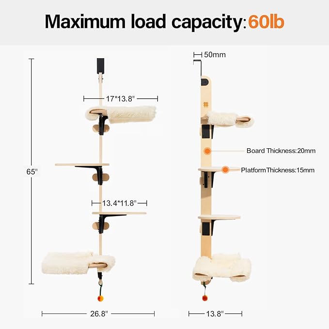MEWOOFUN Cat Climbing Shelves Tree, 4-Levels Over Door Cat Climber for Jumping, Stable Cat Stairs Hammock for Kittens & Adult Cats (Wooden-65 H x 26.8” L x 13.8” W)-Mewly Pet