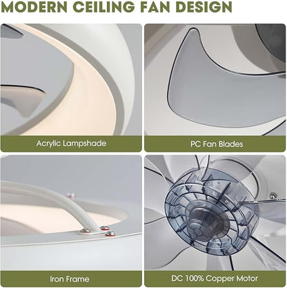 20" Modern White Flush Mount Ceiling Fan with Lights, 6 Wind Speeds, LED, Voice Control, Bedroom, Living Room, Kitchen