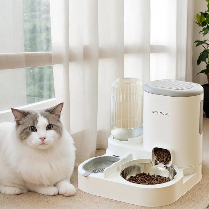 Automatic Cat Feeder & Water Dispenser - Dual Container for Dry/Wet Food, Two-in-One Upgraded Gravity Feeder and Water Dispenser Combo Set for Cats and Dogs. (Grey)-Mewly Pet