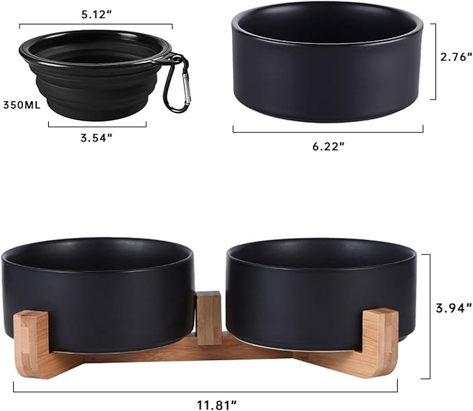 Petygooing Dog Bowls,Black Ceramic Cat Dog Bowl Set with Wood Stand for Food and Water,Non-Slip Cute Modern Pet Dish Set for Cats Small and Medium Dogs (28OZ/6.1 in)-Mewly Pet
