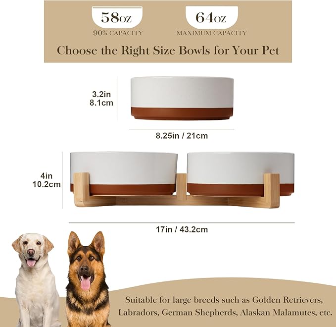 MALACASA Dog Bowls, Ceramic Dogs Bowls with Wood Stand Non-Slip, 6 Cups or 58 oz Capacity Dog Water Food Bowl Glaze Matte Weighted Non-Slip Pet Bowl for Large Dogs (L-6 Cups)-Mewly Pet