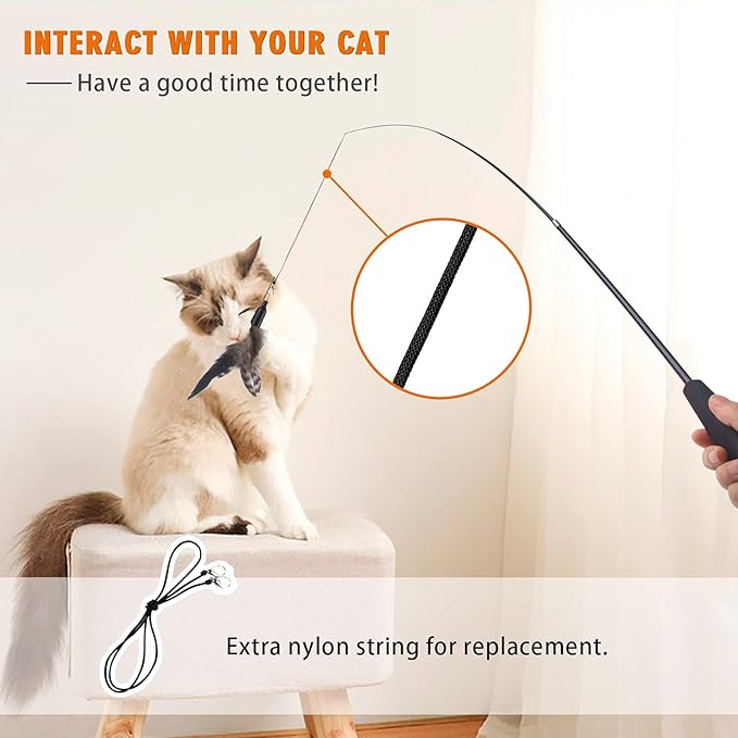 Retractable Cat Wand Toys - Interactive Feather Wand with Bell for Indoor/Outdoor Cats, 8 Pack-Mewly Pet