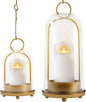 Hurricane Glass Candle Holders, Large & Medium Brass Lanterns Hurricane Candlestick Holder for Pillar Candles Vintage, Gold Metal Rustic Farmhouse Decor with Hook Chains