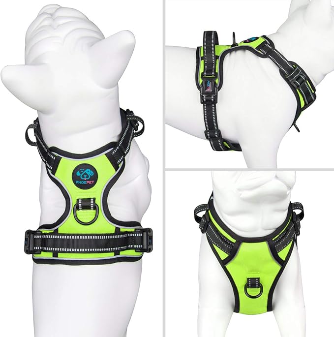 PHOEPET Reflective Dog Harness No Pull Large Breed Vest with 2 Metal Leash Attachment Hooks(XL, Green)-Mewly Pet