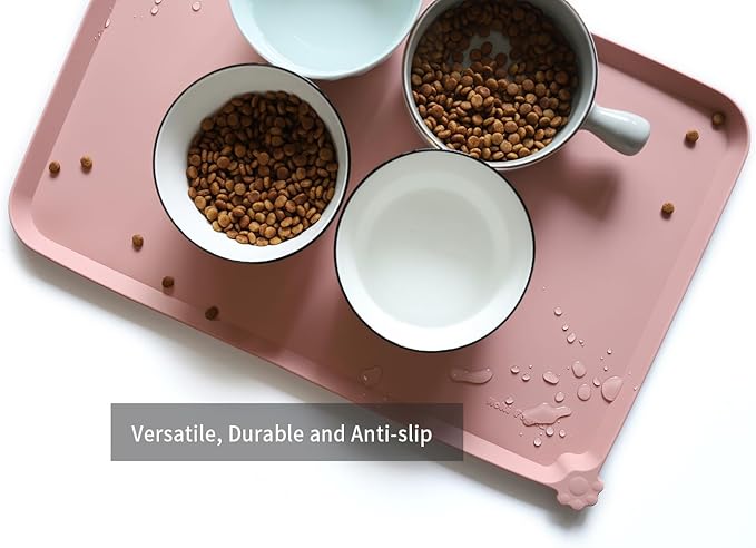 Hoki Found L Silicone Non Slip Pet Food Mats - Placemat for Dog Cat - Waterproof Dog Cat Food Mats - Carpet Friendly - Neutral Pink-Mewly Pet
