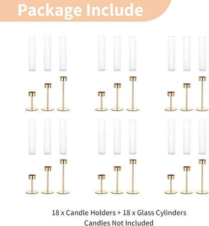 NUPTIO Hurricane Glass Candles Holder: 18 Pcs Gold Taper Candle Stick Holder Bulk - Modern Candlestick Decor with Tall Ribbed Chimney Sleeve for Thanksgiving Christmas Centerpiece